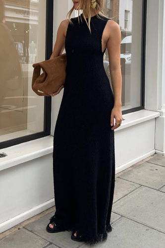 Black Casual Solid Tassel Make Old O Neck Sleeveless Dress Dresses