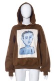 Brown Casual Print Patchwork Hooded Collar Tops