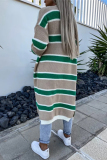 White Elegant Striped Contrast Weave Cardigan Collar Outerwear