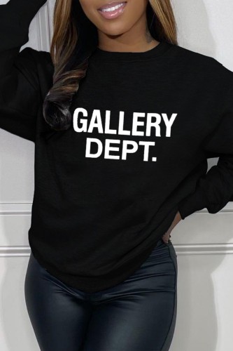 Black Casual Letter Print Basic O Neck Tops
