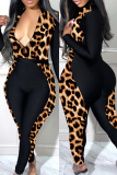 Black Red Casual Print Patchwork Zipper Collar Skinny Jumpsuits