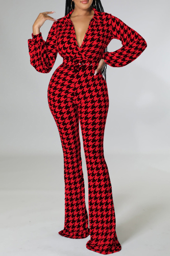 Red Elegant Print Patchwork With Belt V Neck Regular Jumpsuits（No Belt）