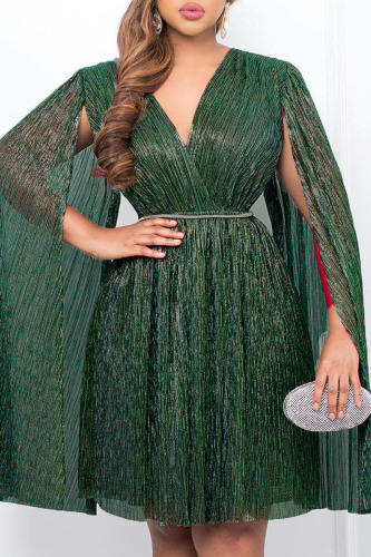 Green Elegant Solid Patchwork Mesh Reflective V Neck A Line Dresses(With Belt)