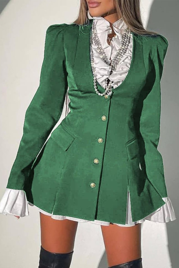 Green Elegant Solid Patchwork Asymmetrical Collar A Line Dresses