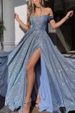 Blue Sexy Formal Solid Sequins Patchwork Backless Slit Off the Shoulder Evening Dress Dresses