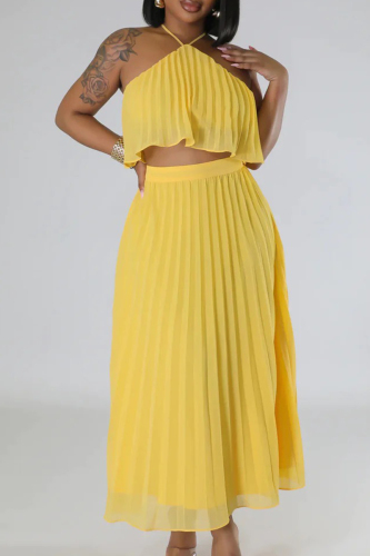 Yellow Sleeveless Halter Crop Top and Pleated Flowying Maxi Skirt Vacation Outings Two Piece Dress Set