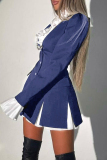 Blue Elegant Solid Patchwork Asymmetrical Collar A Line Dresses