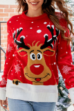 Red Casual Wapiti Snowflakes Weave O Neck Tops