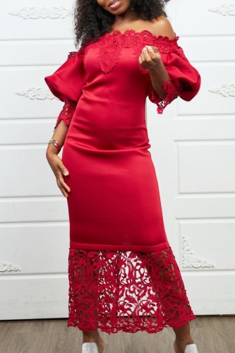Red Casual Solid Hollowed Out Patchwork Off the Shoulder Long Dress Dresses