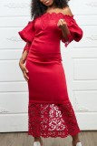 Pink Casual Solid Hollowed Out Patchwork Off the Shoulder Long Dress Dresses