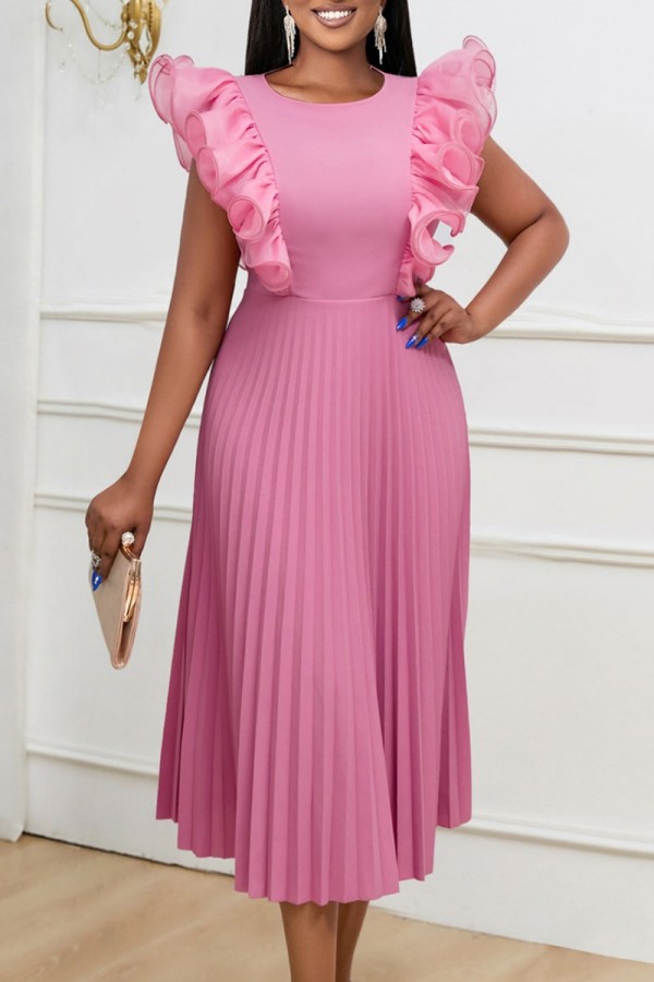 Pink Casual Solid Patchwork O Neck Pleated Dresses