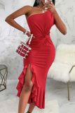 Red Sexy Solid Patchwork Flounce One Shoulder Irregular Dress Dresses