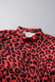 Burgundy Street Leopard Patchwork Buttons O Neck Tops