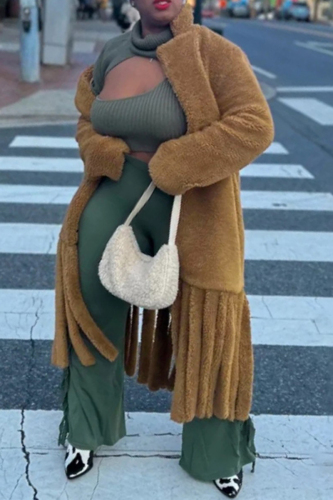 Coffee Casual Solid Tassel Cardigan Turndown Collar Outerwear