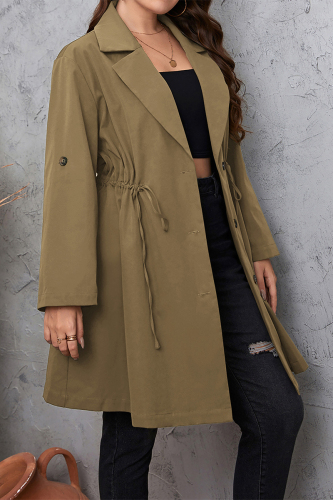 Khaki Casual Solid Frenulum Turn-back Collar Plus Size Overcoat