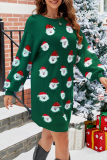 Green Casual Santa Claus Weave O Neck Long Sleeve Dresses