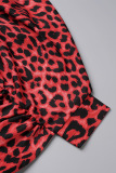 Burgundy Street Leopard Patchwork Buttons O Neck Tops