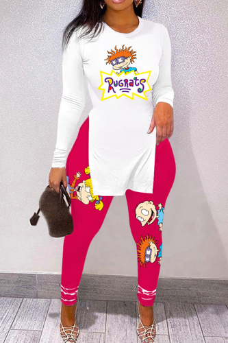 Rose Red Casual Cartoon Print Slit O Neck Long Sleeve Two Pieces