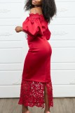 Red Casual Solid Hollowed Out Patchwork Off the Shoulder Long Dress Dresses