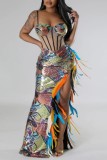 Multi-color Sequins Sleeveless See-Through High Side Slit Feathers Trim Party Vacation Bodycon Cami Maxi Dress