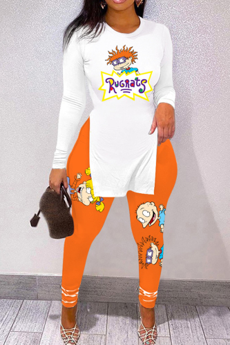 Orange Casual Cartoon Print Slit O Neck Long Sleeve Two Pieces