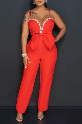 Red Sexy Casual Solid Backless With Bow Rhinestone Spaghetti Strap Regular Jumpsuits