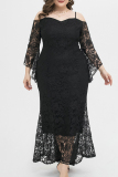 Black Celebrities Elegant Solid Lace Off the Shoulder Irregular Dress Plus Size Dresses