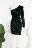 Black Sexy Patchwork Sequins Slit Oblique Collar Wrapped Skirt Dresses