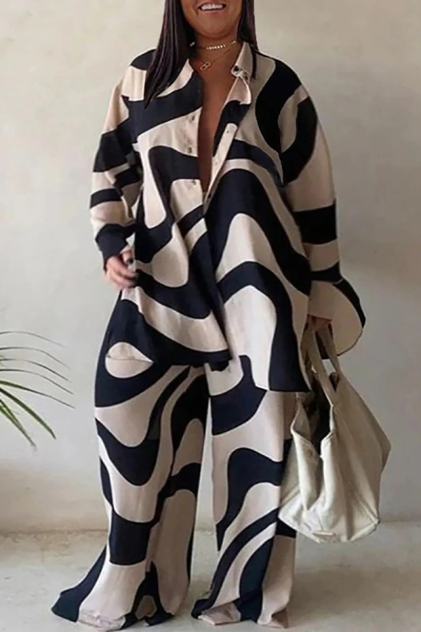 Black Casual Print Patchwork Turndown Collar Long Sleeve Two Pieces
