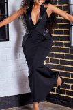 Black Celebrities Solid Patchwork Zipper Turn-back Collar Evening Dress Dresses