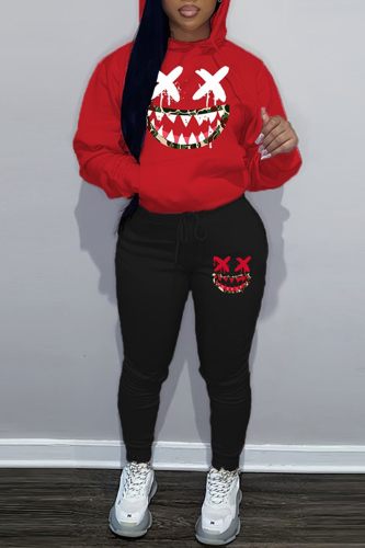 Red Black Casual Print Basic Hooded Collar Long Sleeve Two Pieces