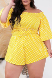 Yellow Casual Polka Dot Frenulum Printing Off the Shoulder Plus Size Two Pieces