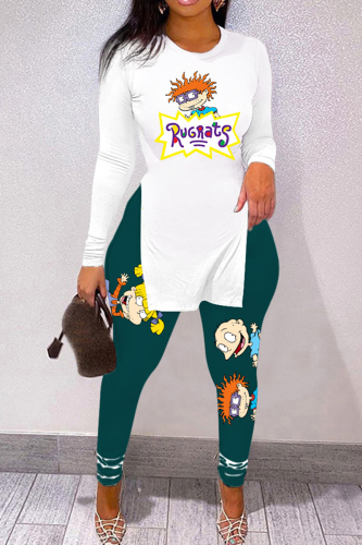 Dark Green Casual Cartoon Print Slit O Neck Long Sleeve Two Pieces