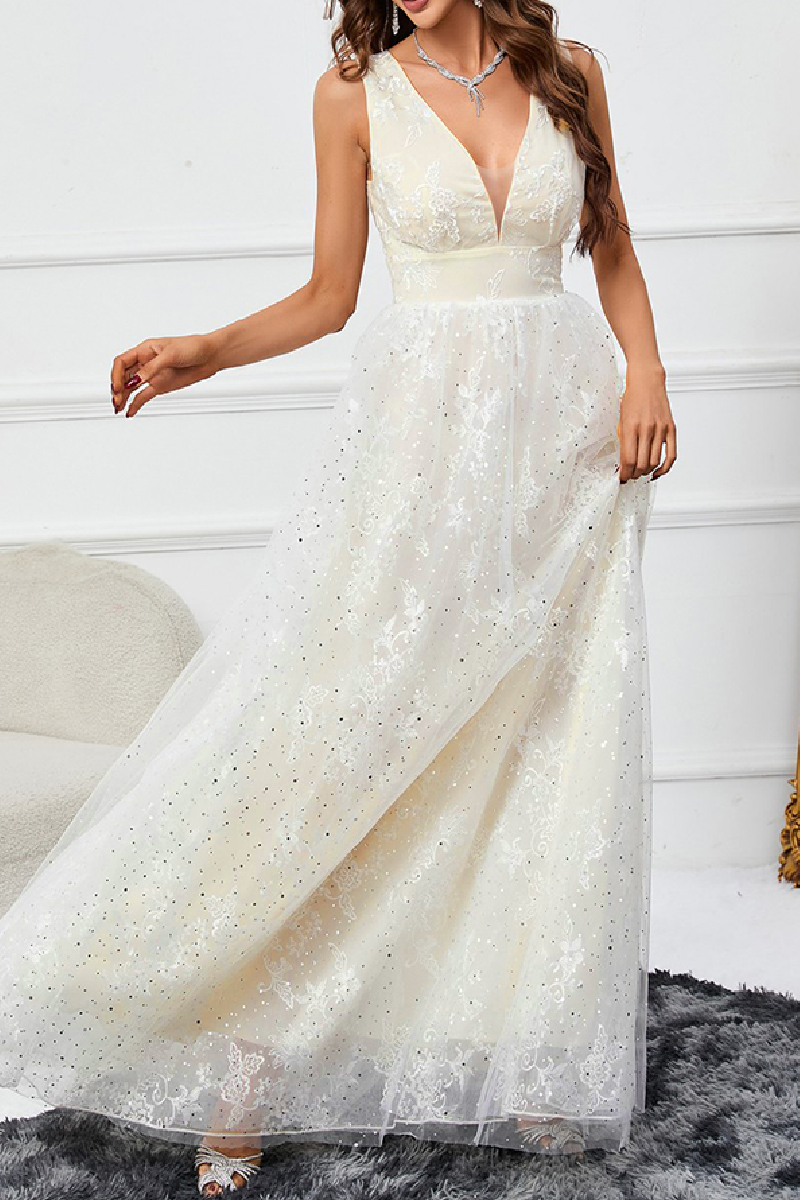 Formal Solid Lace Patchwork V Neck Evening Dress Dresses