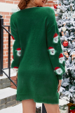 Green Casual Santa Claus Weave O Neck Long Sleeve Dresses
