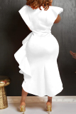 White Casual Solid Flounce V Neck Irregular Dress Dresses (Without Belt)