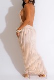 Apricot Sexy Solid Bandage Patchwork Backless Halter Long Dress Dresses