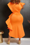Orange Casual Solid Flounce V Neck Irregular Dress Dresses (Without Belt)