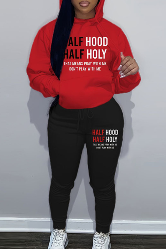 Red Black Casual Letter Patchwork Draw String Pocket Hooded Collar Long Sleeve Two Pieces