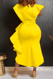 Yellow Casual Solid Flounce V Neck Irregular Dress Dresses (Without Belt)