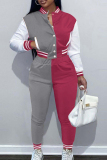 Rose Red Casual Elegant Color Block Patchwork Pocket Buckle O Neck Long Sleeve Two Pieces