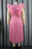 Pink Casual Solid Patchwork O Neck Pleated Dresses