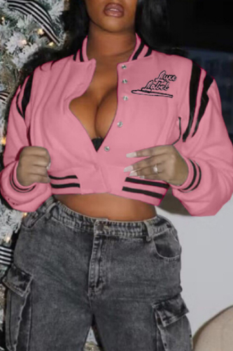 Pink Casual Letter Embroidery Patchwork Outerwear