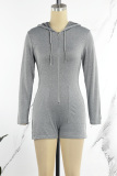 Grey Sexy Solid Patchwork Draw String Pocket Zipper Hooded Collar Regular Rompers