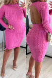 Pink Casual Solid Backless O Neck Long Sleeve Dresses