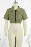 Army Green Street Solid Patchwork Pocket Zipper Turndown Collar Outerwear