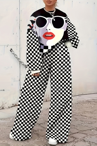 Black White Casual Print Basic O Neck Plus Size Two Pieces