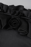 Black Casual Print Patchwork Off the Shoulder Long Dress (Without Belt)