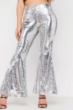 Silver Casual Patchwork Sequins Regular High Waist Conventional Patchwork Trousers