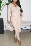 Cream White Casual Solid Slit V Neck Long Sleeve Two Pieces